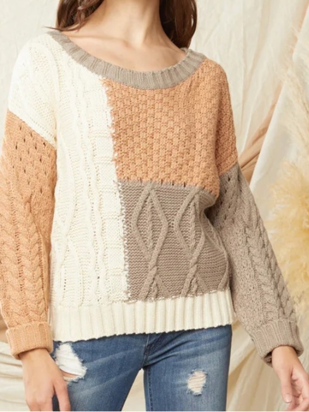 Entro Cream, Lavender, and Brown Knit Sweater